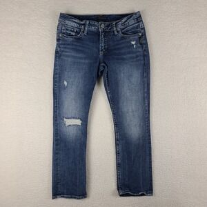 Silver Jeans Womens 27x22.5 Elyse‎ Capri Distress Dark Wash Blue